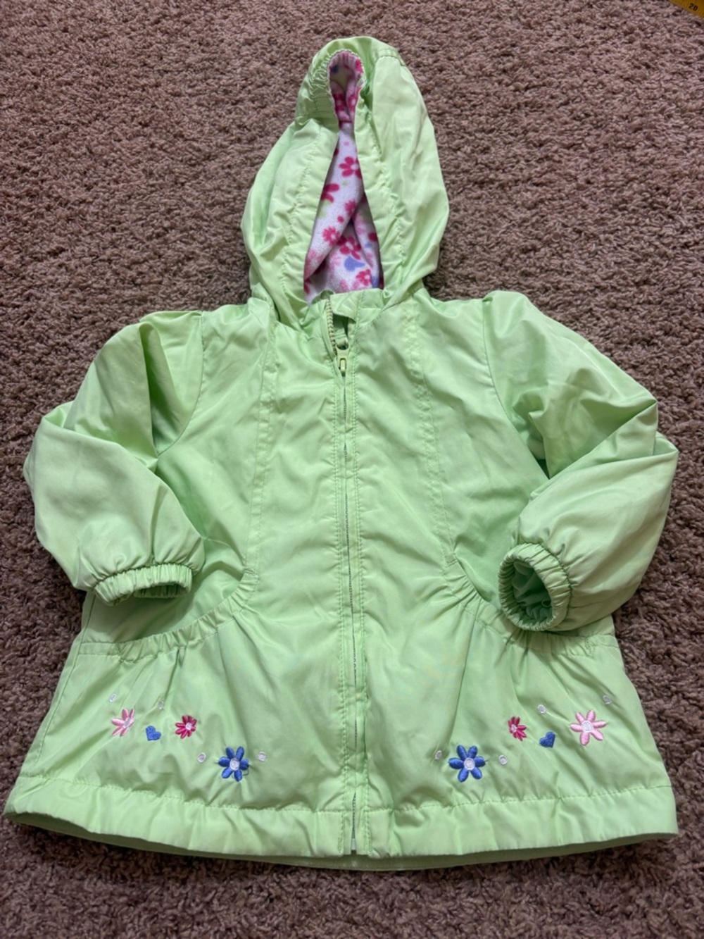 London Fog Girls' Light Green Hooded Raincoat with Floral Accents